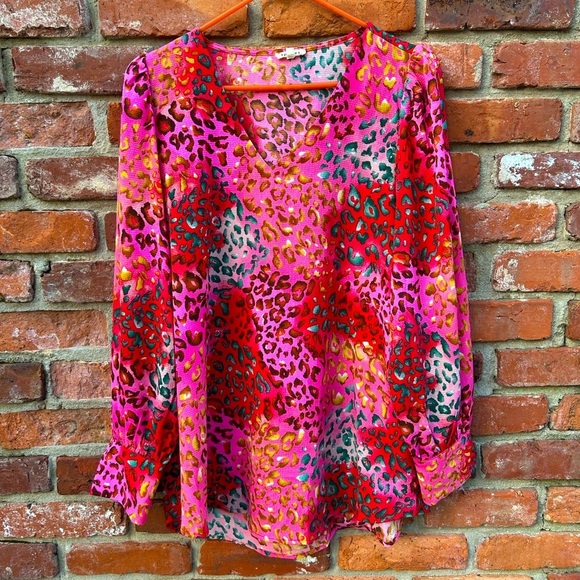 JODIFL Colorful Leopard Print Blouse L Puff Sleeves - Picture 1 of 7